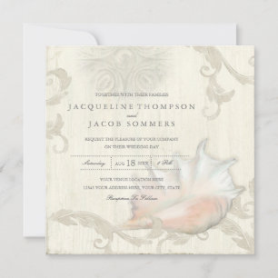 Invitación Elegante Rustic Beach Seashell Conch Shell Wood Ar