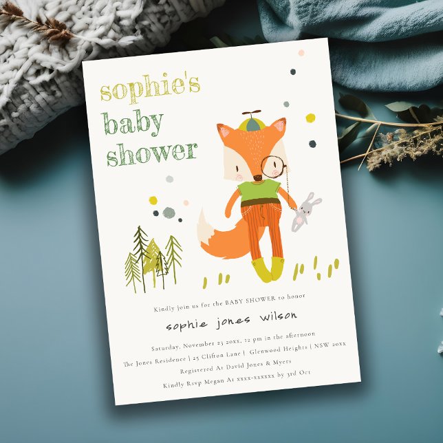 Invitación Elegante Rustic Cute Woodland Fun Fox Baby Shower (Subido por el creador)