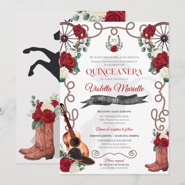 Invitación Elegante Rústica Rosa Roja Mariachi Charro Quincea (Anverso / Reverso)