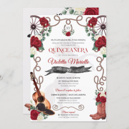 Invitación Elegante Rústica Rosa Roja Mariachi Charro Quincea