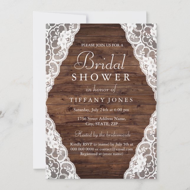 Invitación Elegante Rústica Vintage Wood Lace Bridal Shower (Anverso)