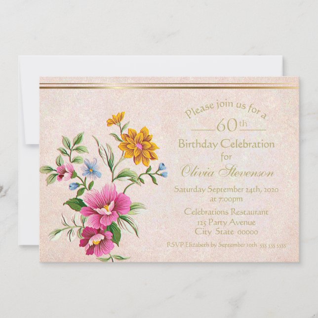 Invitación Elegante Rústico Antique Gold Floral 60 cumpleaños (Anverso)