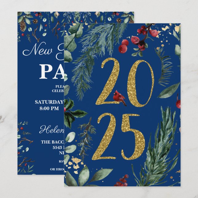 Invitación Elegante Rústico Azul Fiesta de Nochevieja de Año  (Anverso / Reverso)