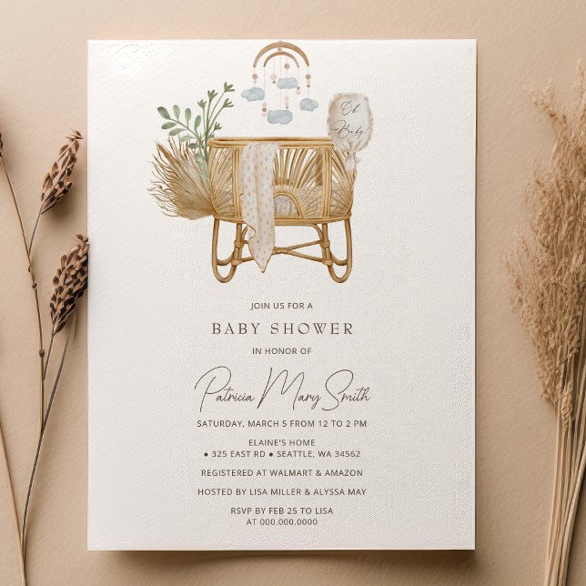 Invitación Elegante Rústico Boho Baby Cot Baby Shower (Elegant Rustic Boho Baby Cot Baby Shower Invitation)
