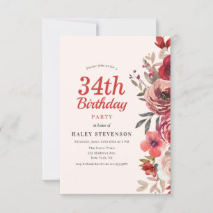 Invitación Elegante Rústico Boho Chic Floral 34 Cumpleaños