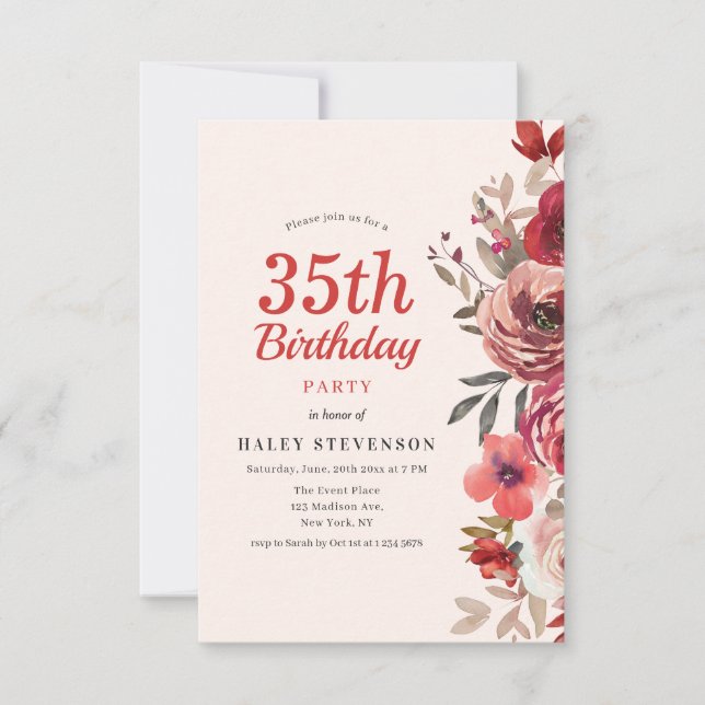 Invitación Elegante Rústico Boho Chic Floral 35 Cumpleaños (Anverso)