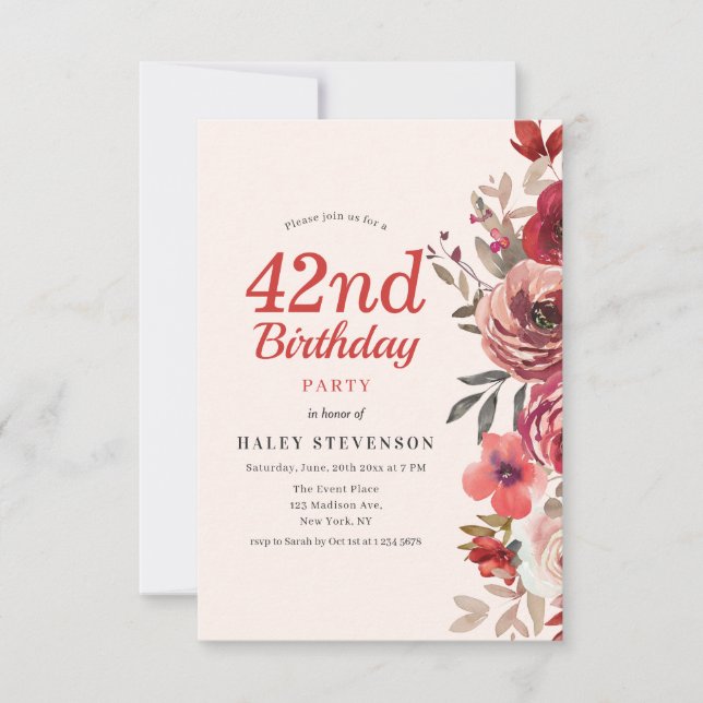 Invitación Elegante Rústico Boho Chic Floral 42 Cumpleaños (Anverso)