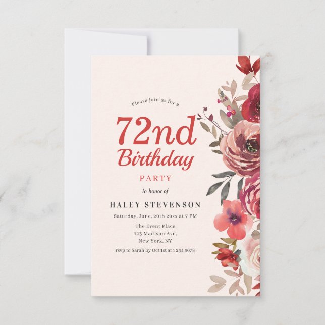 Invitación Elegante Rústico Boho Chic Floral 72 Cumpleaños (Anverso)