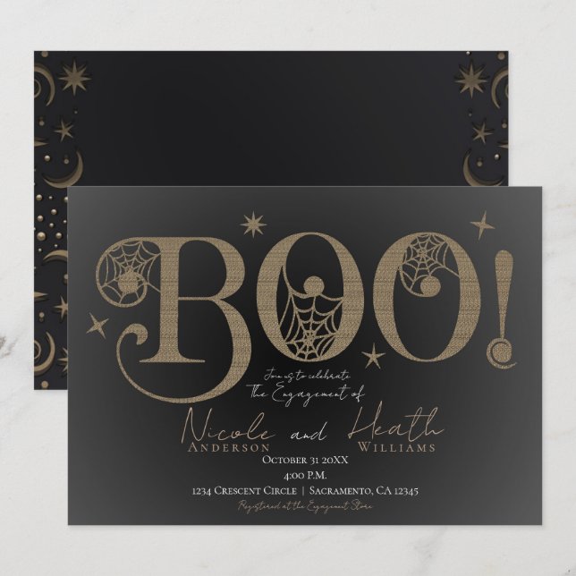 Invitación Elegante Rústico BOO Mágico Compromiso de Hallowee (Anverso / Reverso)