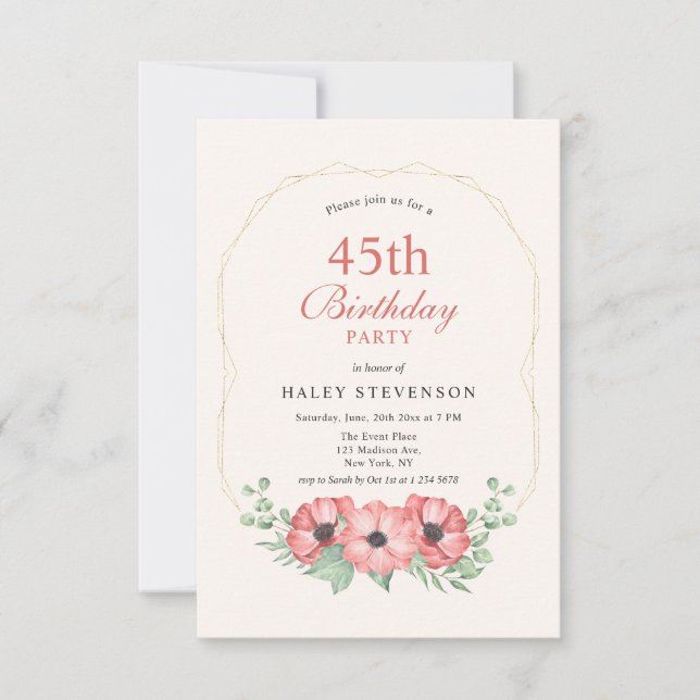 Invitación Elegante Rústico Cumpleaños 45 Floral Rosa Claro (Anverso)