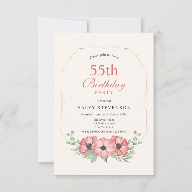 Invitación Elegante Rústico Cumpleaños 55 Rosado Floral (Anverso)