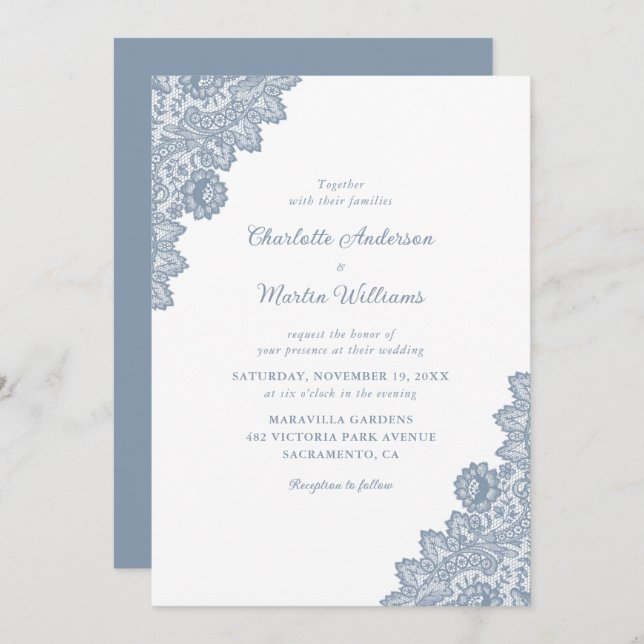Invitación Elegante Rústico Dusty Blue Lace Wedding Invitacio (Anverso / Reverso)
