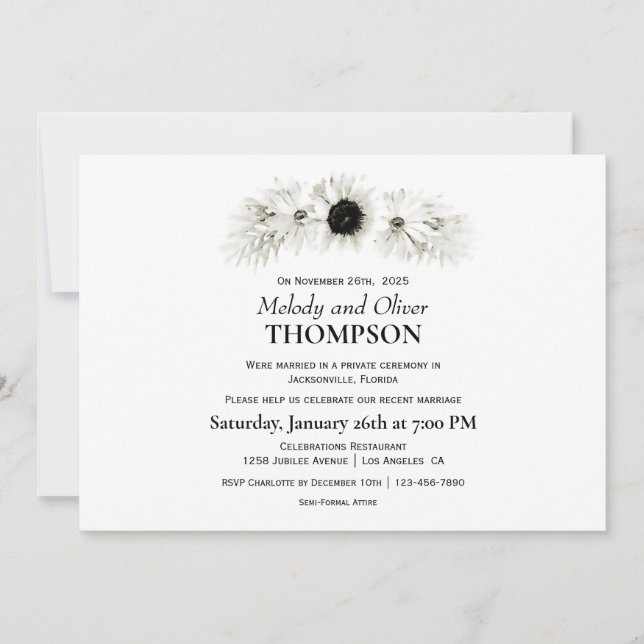 Invitación Elegante Rústico Floral Negro y Blanco Post Boda (Anverso)