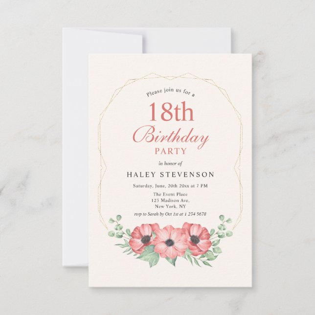 Invitación Elegante Rústico Floral Rosa Claro Cumpleaños 18 (Anverso)