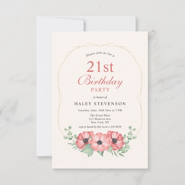 Invitación Elegante Rústico Floral Rosa Claro Cumpleaños 21 (Anverso)