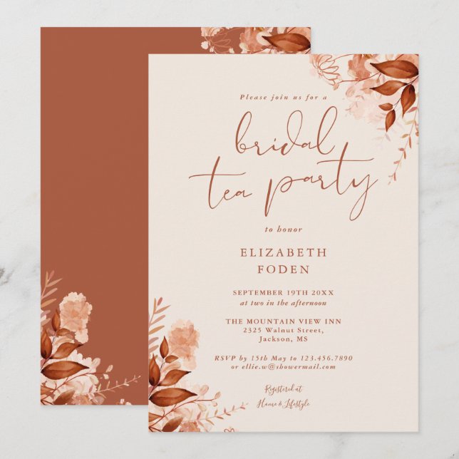 Invitación Elegante Rústico Floral Terracotta Bridal Tea Fies (Anverso / Reverso)