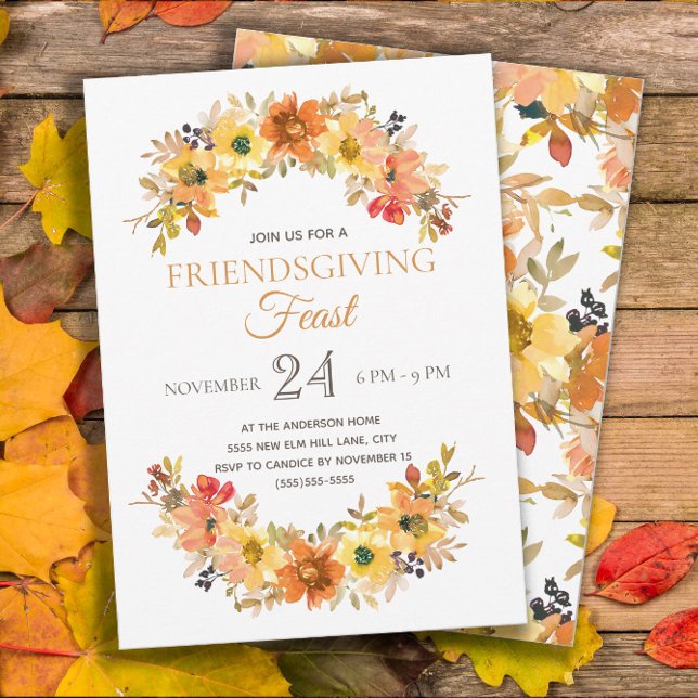 Invitación Elegante Rústico Friendscome Feing Dinner (Friendsgiving Dinner invitation with pretty orange and yellow watercolor flowers)