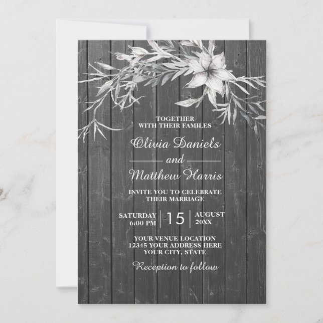 Invitación Elegante rústico gris. Granero boda floral (Anverso)
