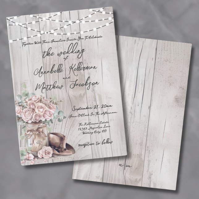 Invitación Elegante Rústico Madera Cuerda Boda Western Campes (Elegant Rustic Wood String Lights Country Wedding Invitation)