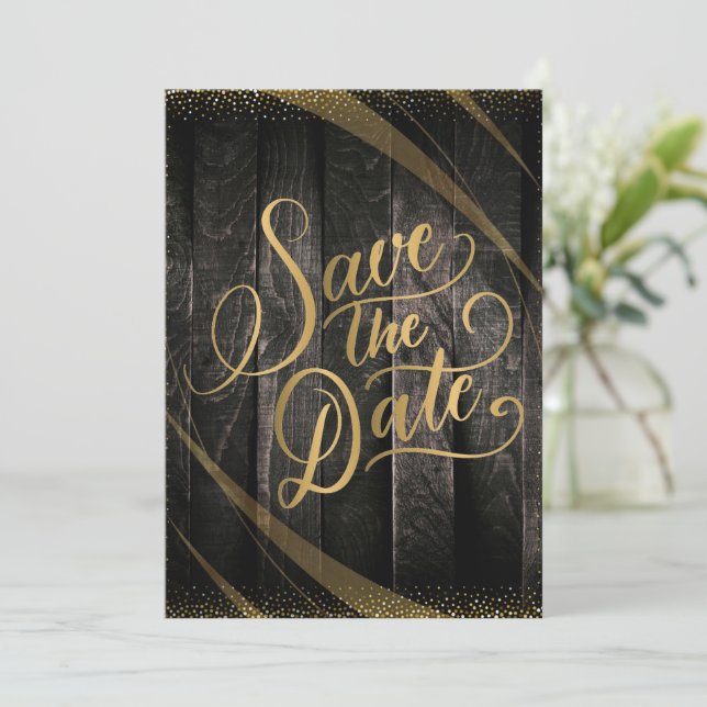 Invitación Elegante Rústico Madera Negro y Boda brillante (Anverso de pie)