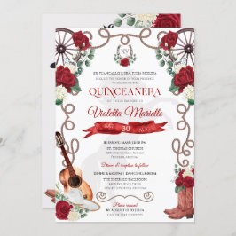 Invitación Elegante Rústico Rosa Rojo Mariachi Charra Quincea