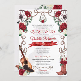 Invitación Elegante Rústico Rosa Rojo Mariachi Charra Quincea