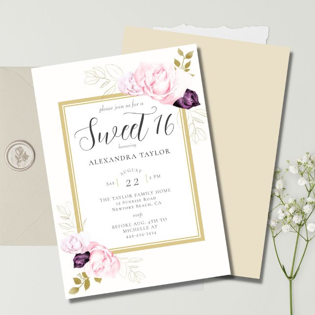 Invitación Elegante Rústico Rosas De Marco Floral Dulce Oro 1 (Subido por el creador)