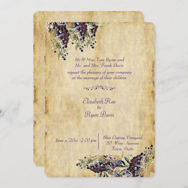 Invitación Elegante, rústico rural, Boda de viñedos (Anverso / Reverso)