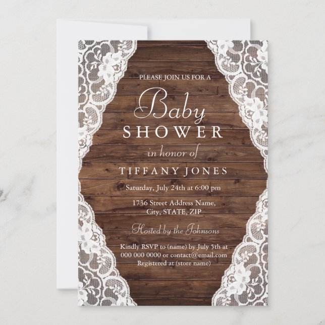 Invitación Elegante Rústico Vintage Wood Lace Baby Shower (Anverso)