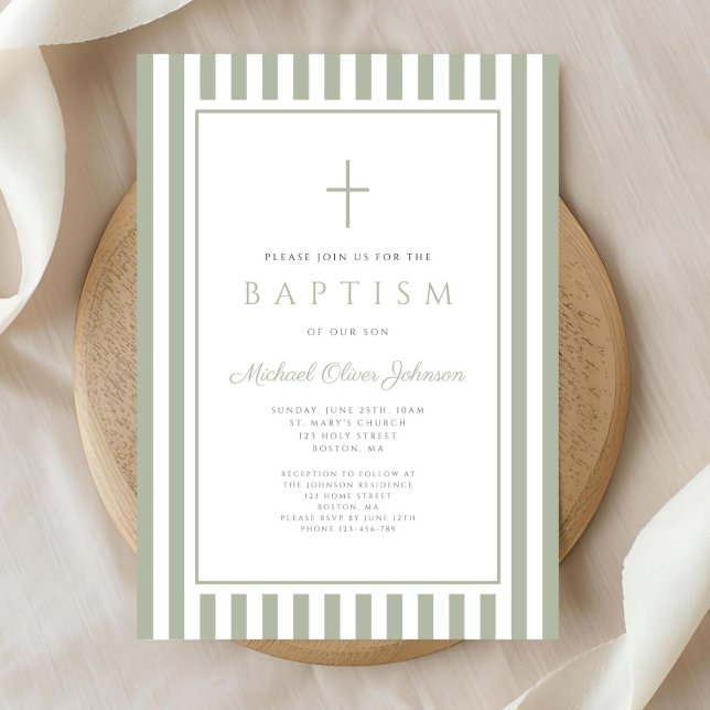 Invitación Elegante Sabio Religioso Verde Niño Bautizo (Elegant Religious Sage Green Boy Baptism Invitation)