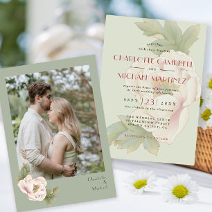 Invitación Elegante sabio y Boda de fotos de Peony Floral de 