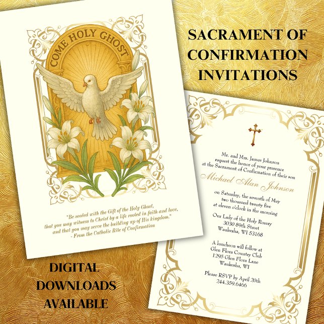Invitación Elegante Sacramento de Confirmación Dove Lilies (Subido por el creador)