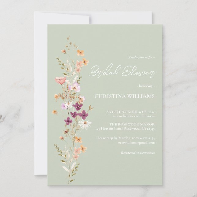 Invitación Elegante Sage Boho Wildflowers Bridal Shower (Anverso)