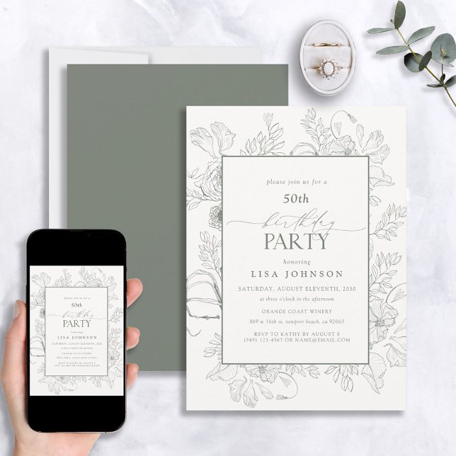 Invitación Elegante Sage Green 50 Birthday Floral Line Art (Subido por el creador)