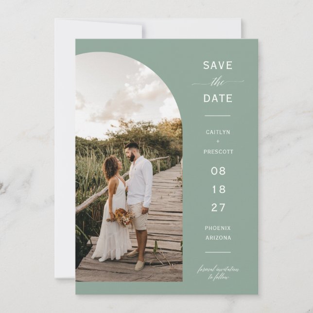 Invitación Elegante Sage Green Arc Photo QR Code Save the Dat (Anverso)