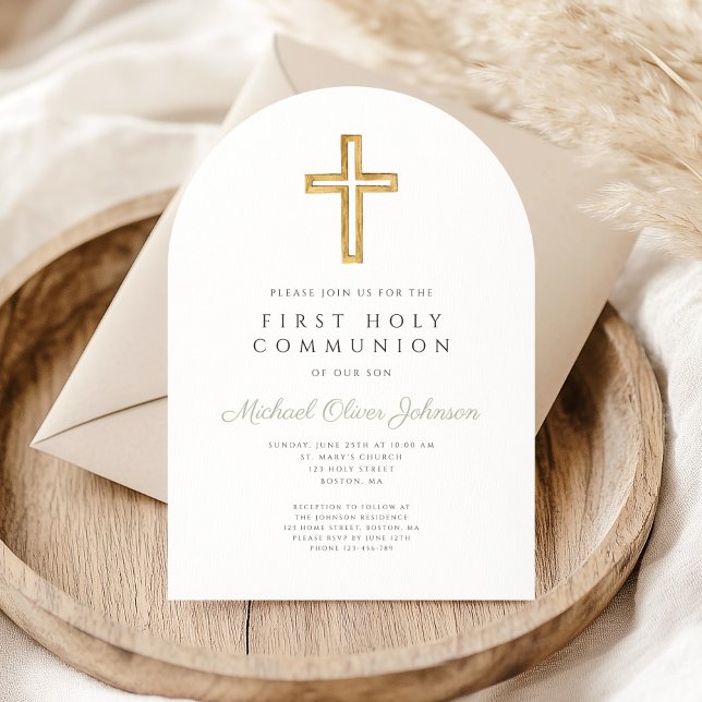 Invitación Elegante Sage Green Arco de la Primera Comunión Re (Elegant Sage Green Religious First Communion Arch Invitation)