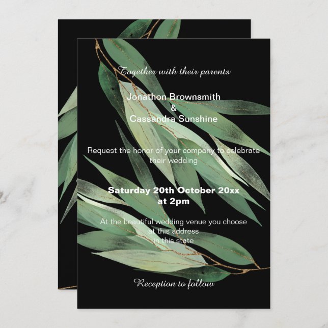 INVITACIÓN ELEGANTE SAGE GREEN BLACK EUCALYPTUS BODA (Anverso / Reverso)