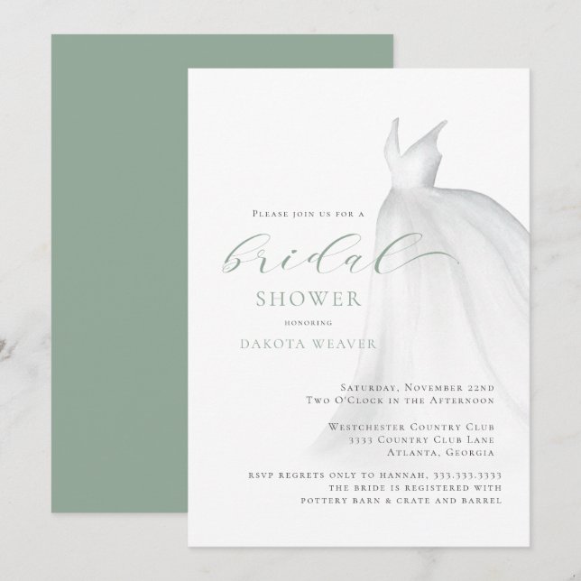 Invitación Elegante Sage Green Boda Vestido Bridal Shower (Anverso / Reverso)