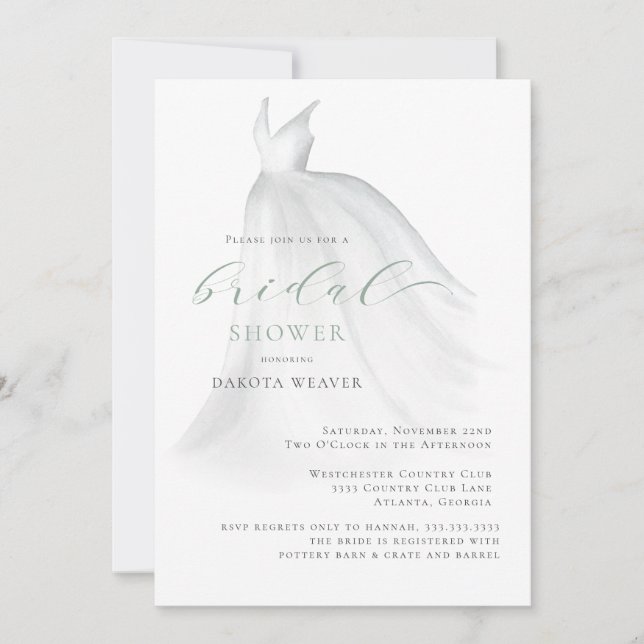 Invitación Elegante Sage Green Boda Vestido Bridal Shower (Anverso)