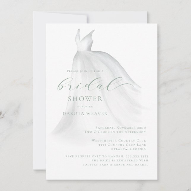 Invitación Elegante Sage Green Boda Vestido Bridal Shower (Anverso)