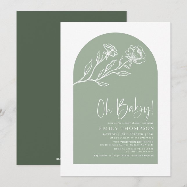 Invitación Elegante Sage Green Boho Baby Shower (Anverso / Reverso)