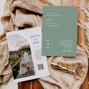 Invitación Elegante Sage Green Boho Photo QR Code Boda Inv