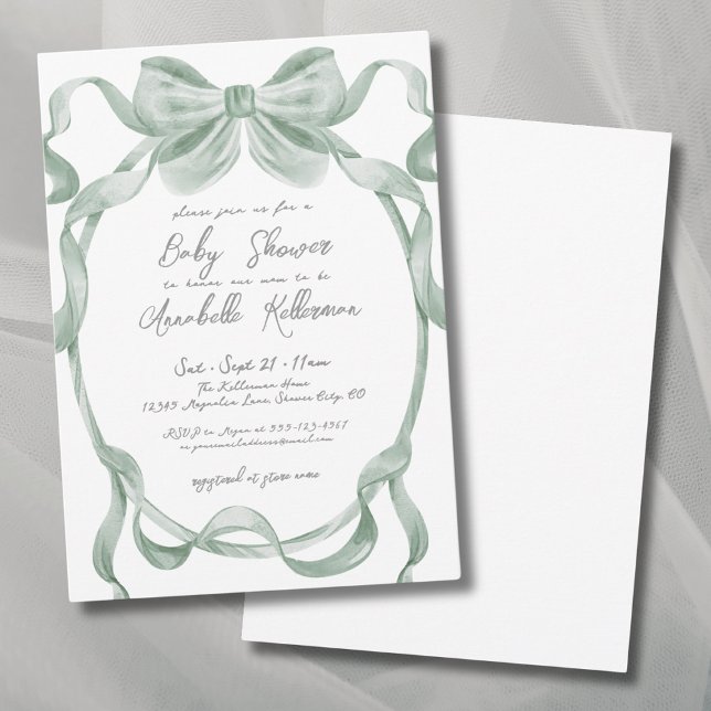 Invitación Elegante Sage Green Bow Baby Shower (Elegant Sage Green Bow Baby Shower Invitation)