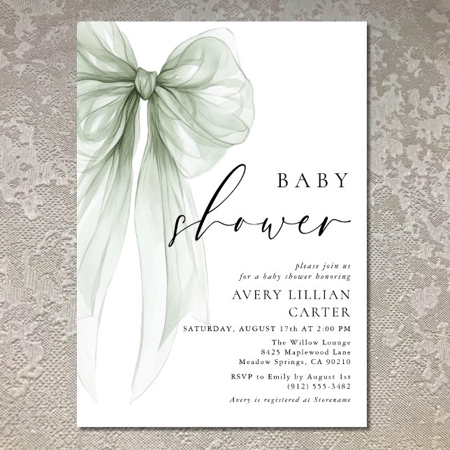 Invitación Elegante Sage Green Bow Baby Shower (Subido por el creador)
