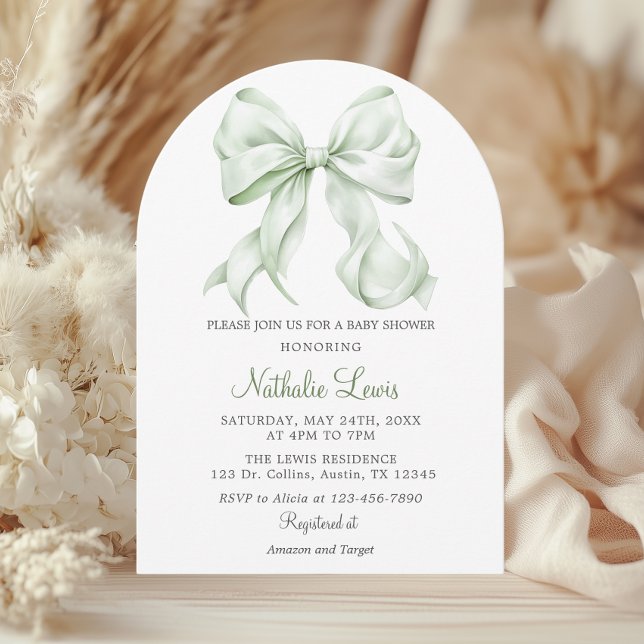 Invitación Elegante Sage Green Bow Baby Shower Género neutral (Subido por el creador)