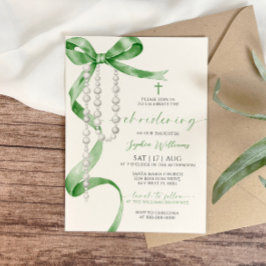 Invitación Elegante Sage Green Bow & Rosary Christening