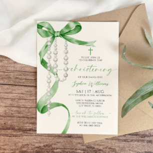 Invitación Elegante Sage Green Bow & Rosary Christening
