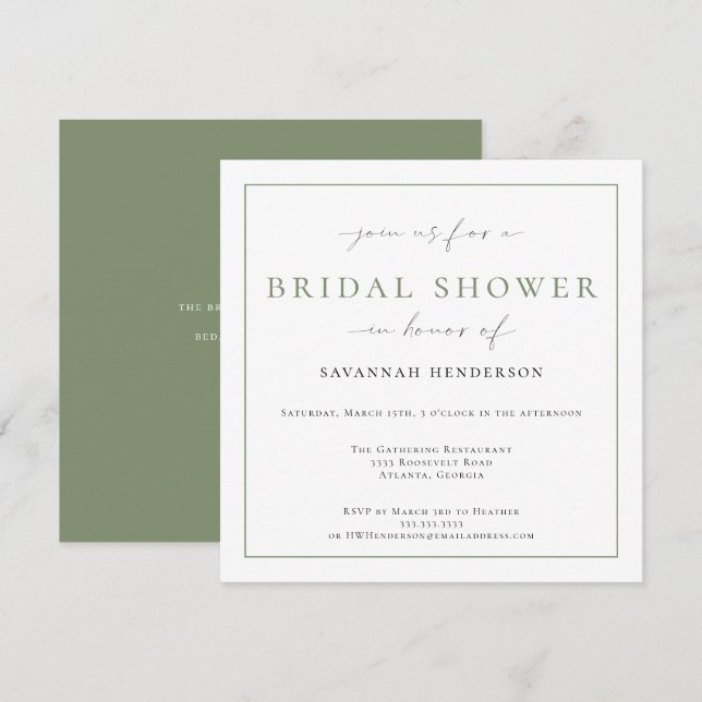 Invitación Elegante Sage Green Bridal Shower Classic (Anverso / Reverso)