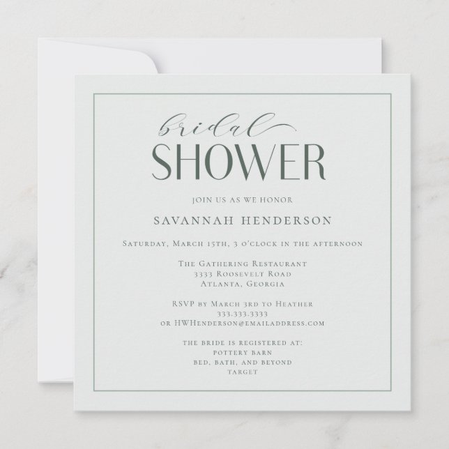 Invitación Elegante Sage Green Bridal Shower Classic (Anverso)