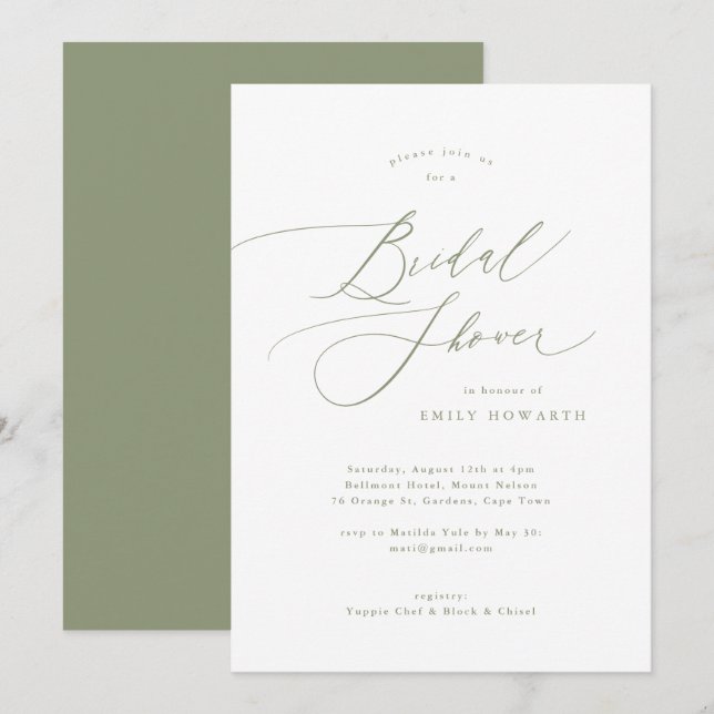 Invitación Elegante Sage Green Calligraphy Bridal Shower (Anverso / Reverso)